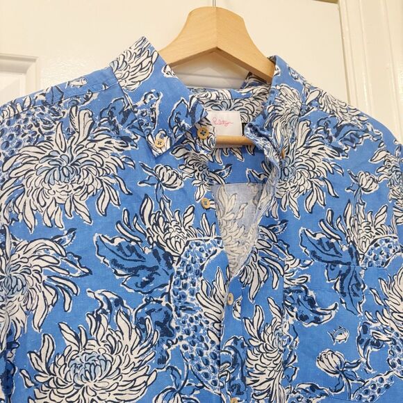Lilly Pulitzer x Southern Tide Mens Linen Shirt Size Large Blue Floral Hawaiian - Picture 5 of 9